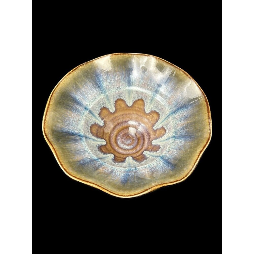 Bill Campbell Signed Art Pottery 8" x 3.5" Bowl Fluted Edge Drip Glaze Pedestal